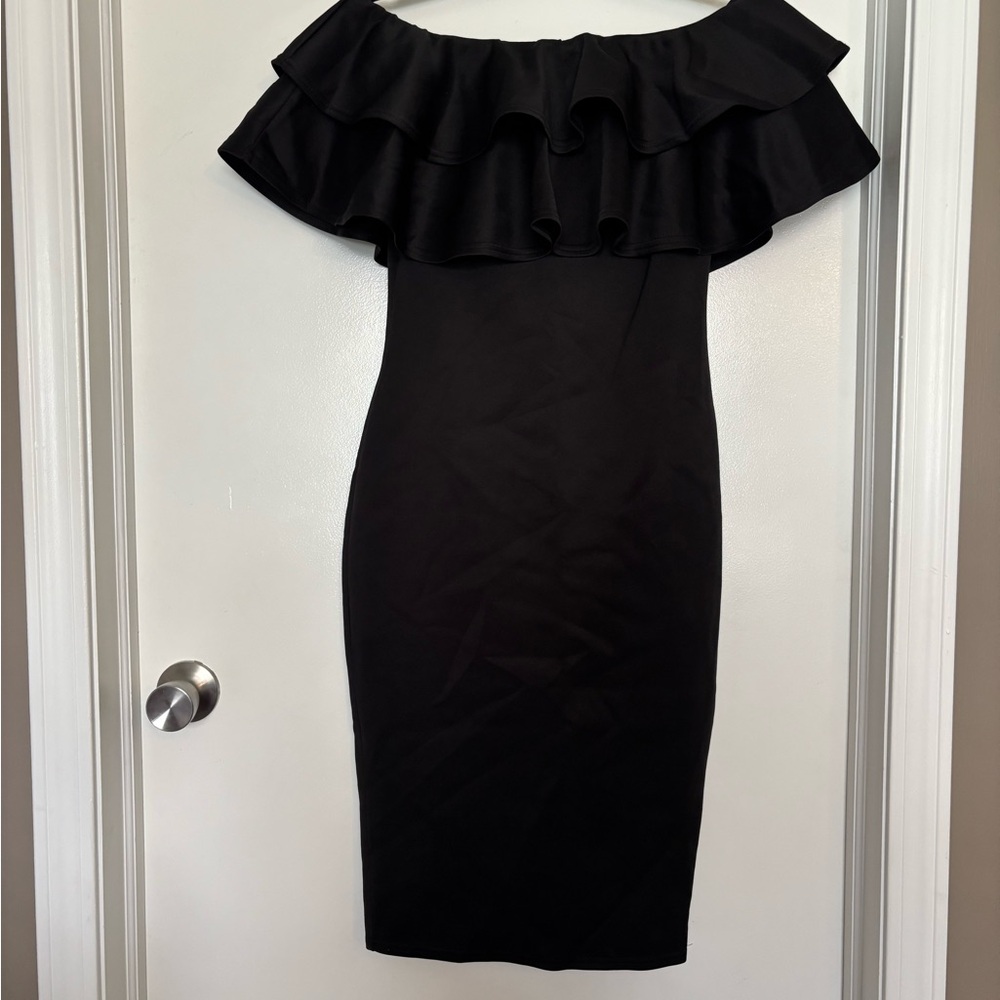 Boohoo Black One-Shoulder Ruffle Bodycon Dress